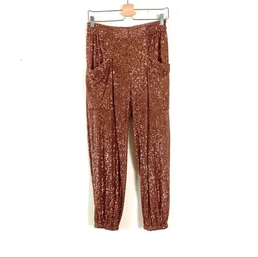 Free People Morelia Sequin Jogger Pants Bronze